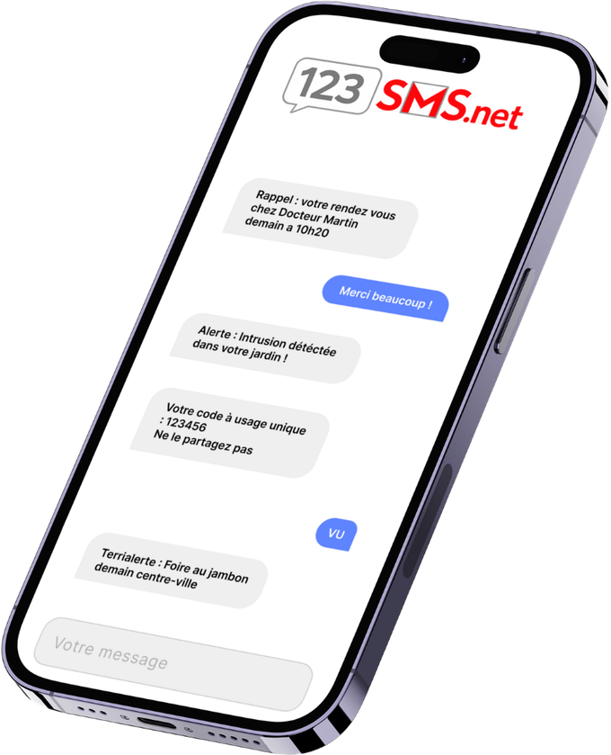 T&eacute;l&eacute;phone affichant des SMS envoy&eacute;s via 123-SMS.net : rappel de rendez-vous m&eacute;dical, alerte d'intrusion, code &agrave; usage unique et information municipale