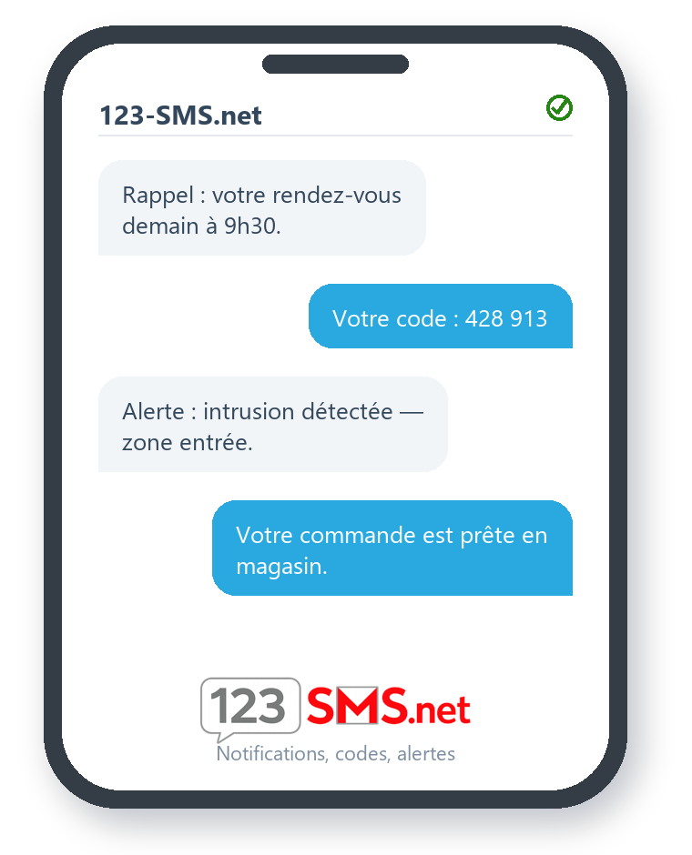 Exemples de SMS envoy&eacute;s via 123-SMS.net : rappel de rendez-vous, code de connexion, alerte