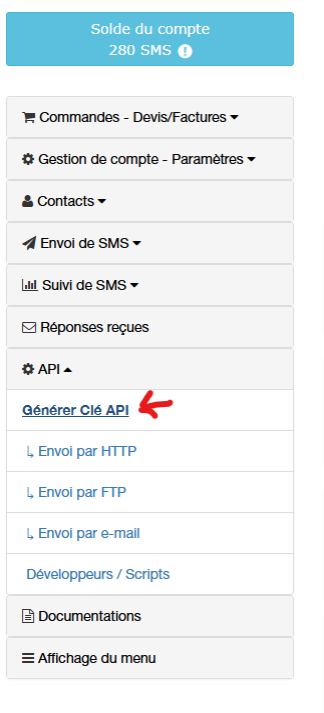 Menu de l'espace client 123-SMS.net : rubrique API, lien G&eacute;n&eacute;rer Cl&eacute; API